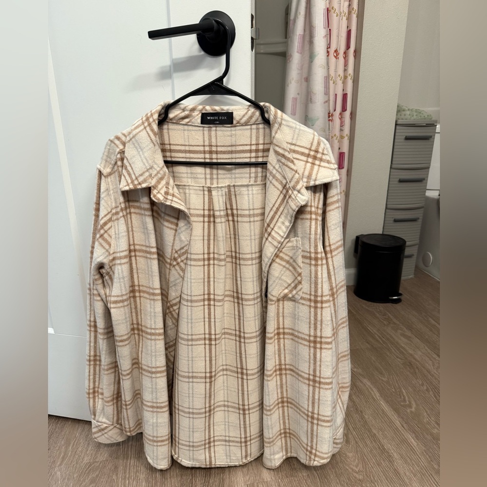 White Fox Boutique Plaid Button Down Shirt - Cream and Brown